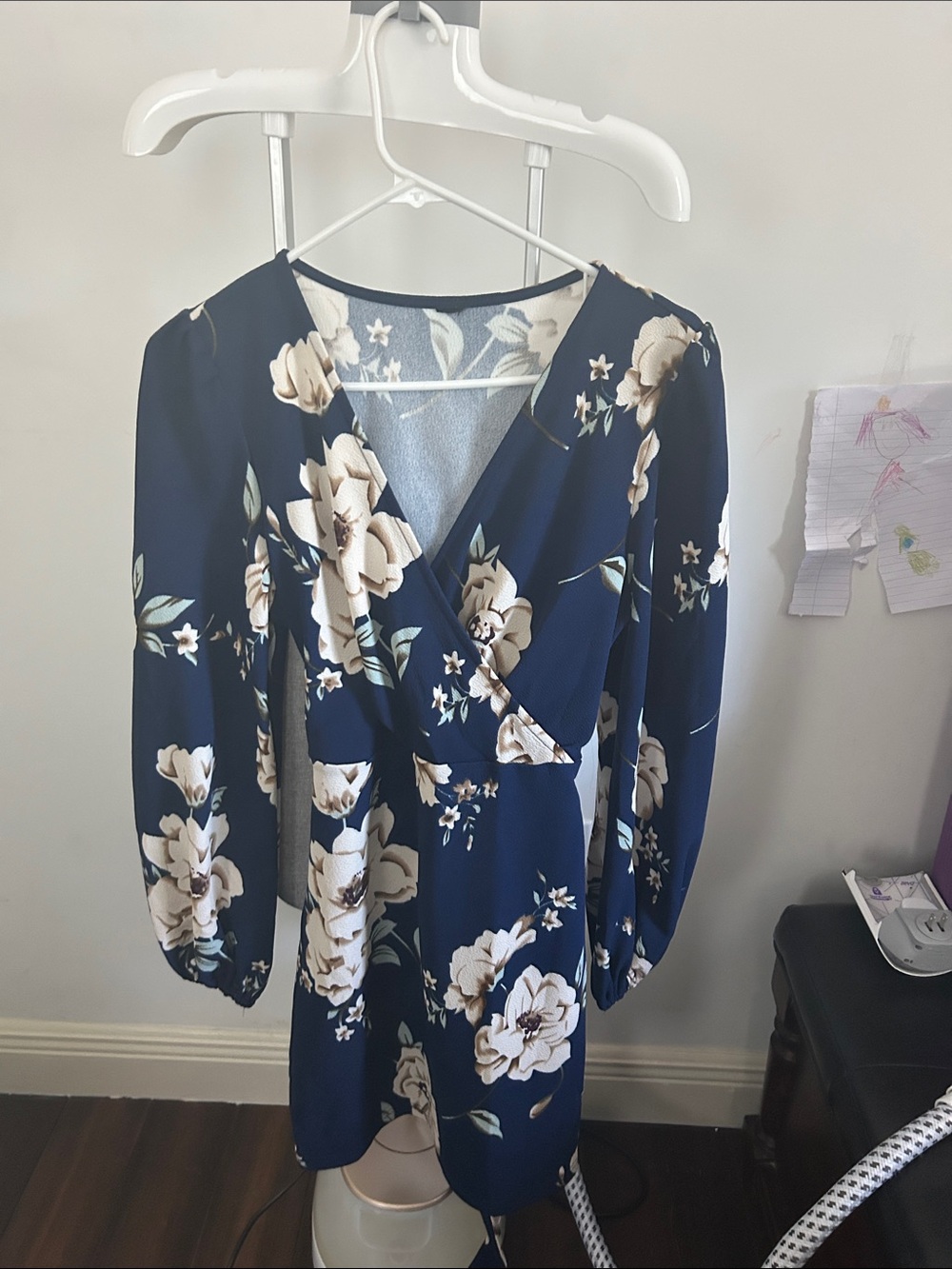 Navy Floral Long-Sleeve Wrap Dress